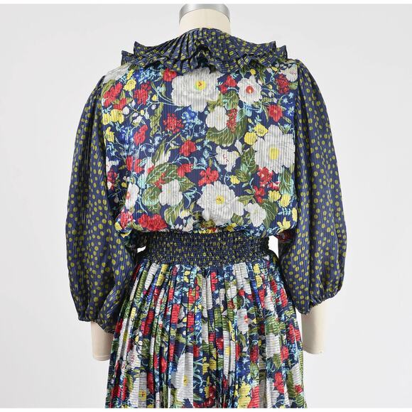 Vintage 80s Blue Floral Ruffle Neck Balloon Sleeve Pleated Midi Dress size S M - Picture 8 of 9